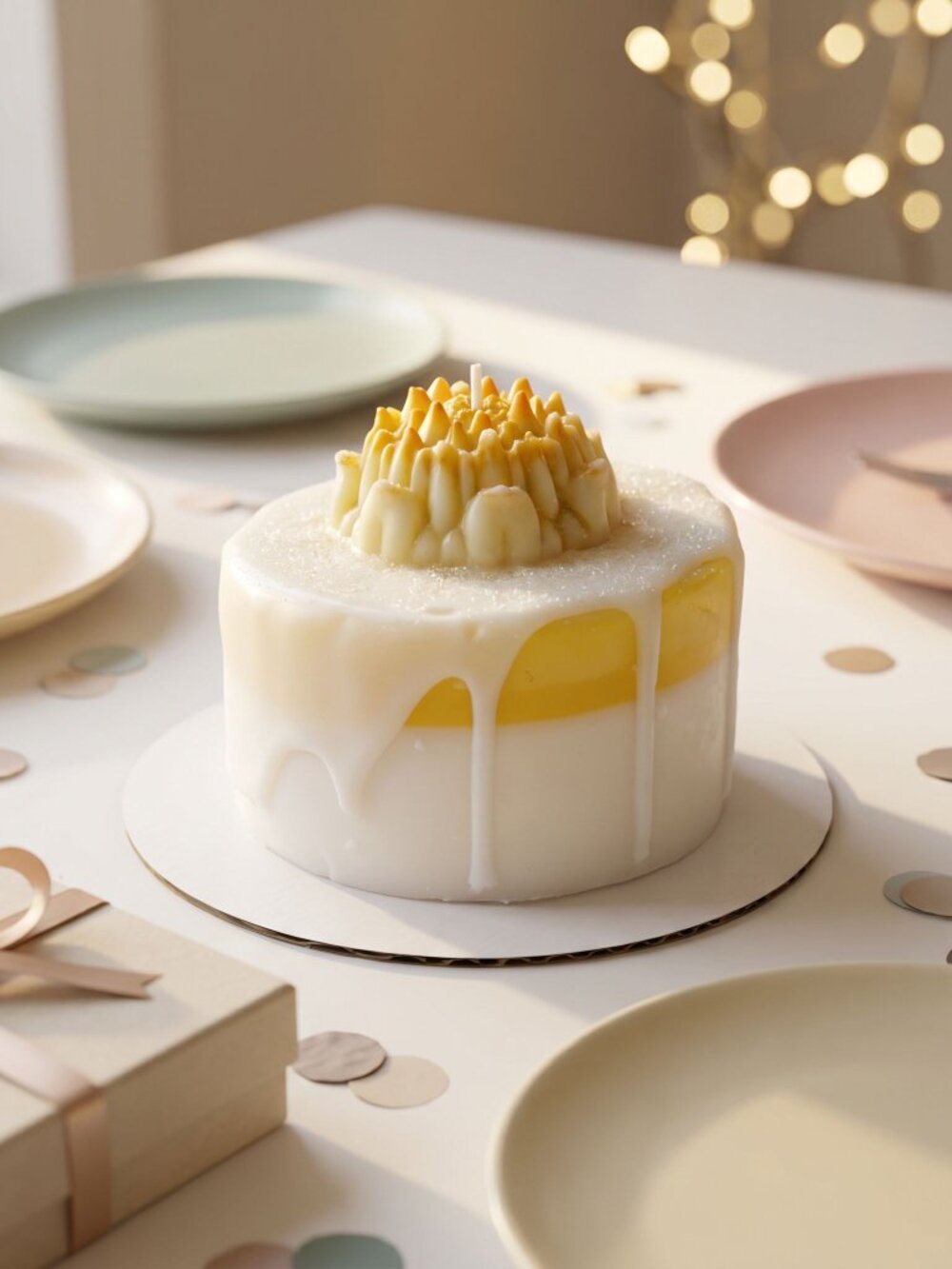 🌼🕯️ Handcrafted White & Yellow Decorative Drip Candle, Birthday Cake Candle